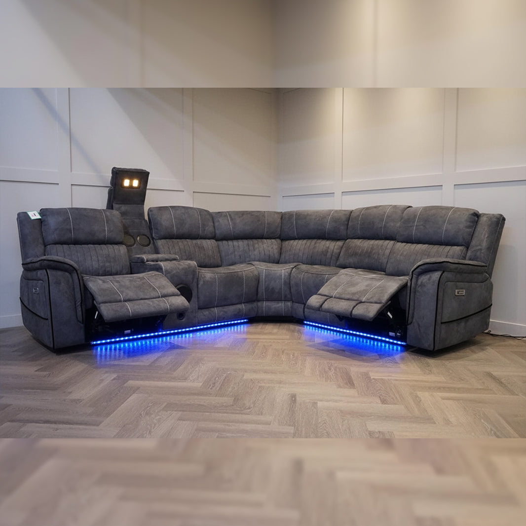 Geneva Pro Fabric Electric Recliner Corner Sofa With Cup Holders - Fabric Corner Sofa With Cooling Cup-Holders/LED Lights/Bluetooth Speakers/Wireless Charging Pad/USB Charging Ports