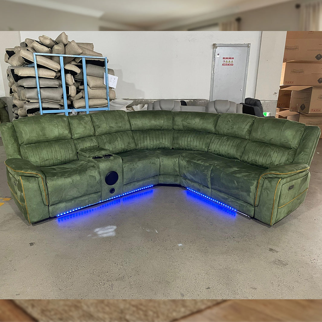 Geneva Pro Fabric Electric Recliner Corner Sofa With Cup Holders (Hulk Edition) - Fabric Corner Sofa With Cooling Cup-Holders/LED Lights/Bluetooth Speakers/Wireless Charging Pad/USB Charging Ports