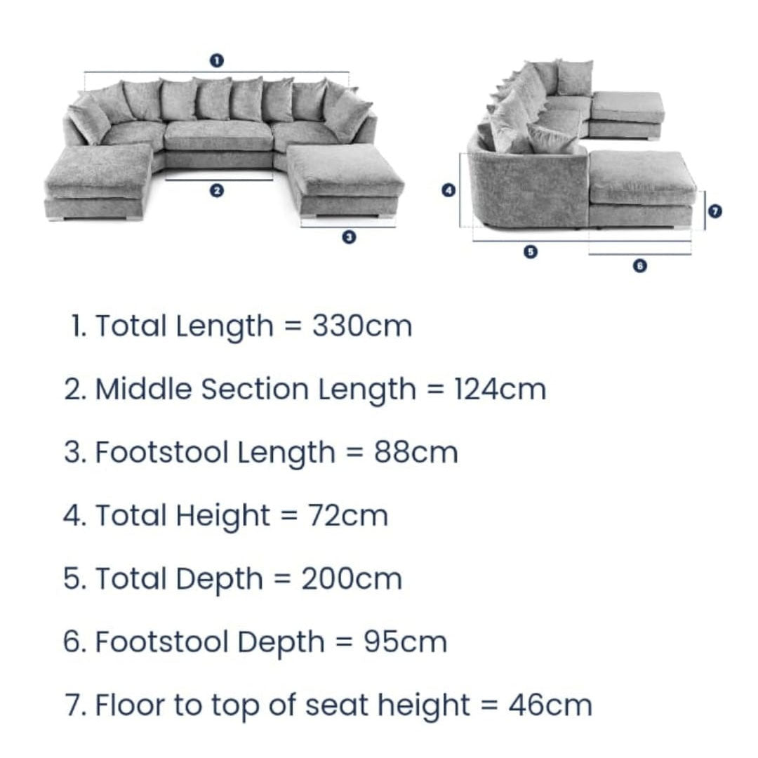 Bishop U Shape Scatter Back Sofa Set Grey | Premium Scatter Back Chenille Fabric Lounge Suite | Modular Sectional Couch with Footstool | Large Living Room Furniture