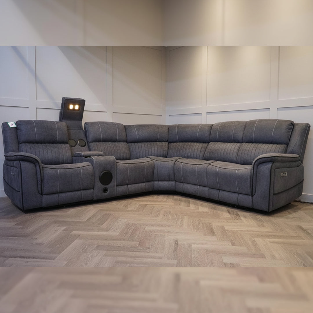 Geneva Pro Fabric Electric Recliner Corner Sofa With Cup Holders - Fabric Corner Sofa With Cooling Cup-Holders/LED Lights/Bluetooth Speakers/Wireless Charging Pad/USB Charging Ports