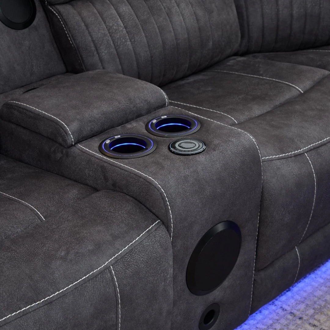 Geneva Pro Fabric Electric Recliner Corner Sofa With Cup Holders - Fabric Corner Sofa With Cooling Cup-Holders/LED Lights/Bluetooth Speakers/Wireless Charging Pad/USB Charging Ports