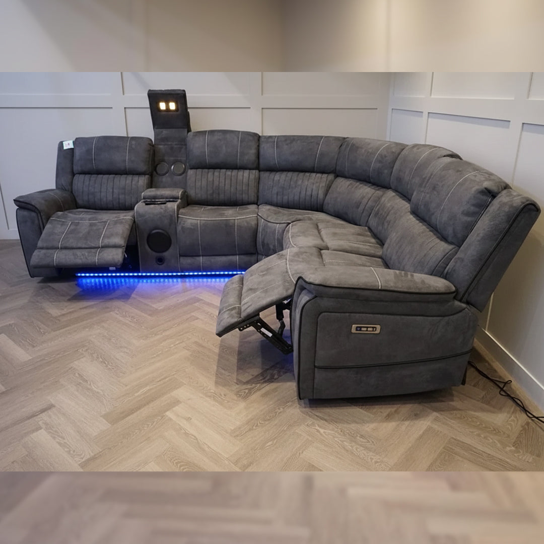 Geneva Pro Fabric Electric Recliner Corner Sofa With Cup Holders - Fabric Corner Sofa With Cooling Cup-Holders/LED Lights/Bluetooth Speakers/Wireless Charging Pad/USB Charging Ports