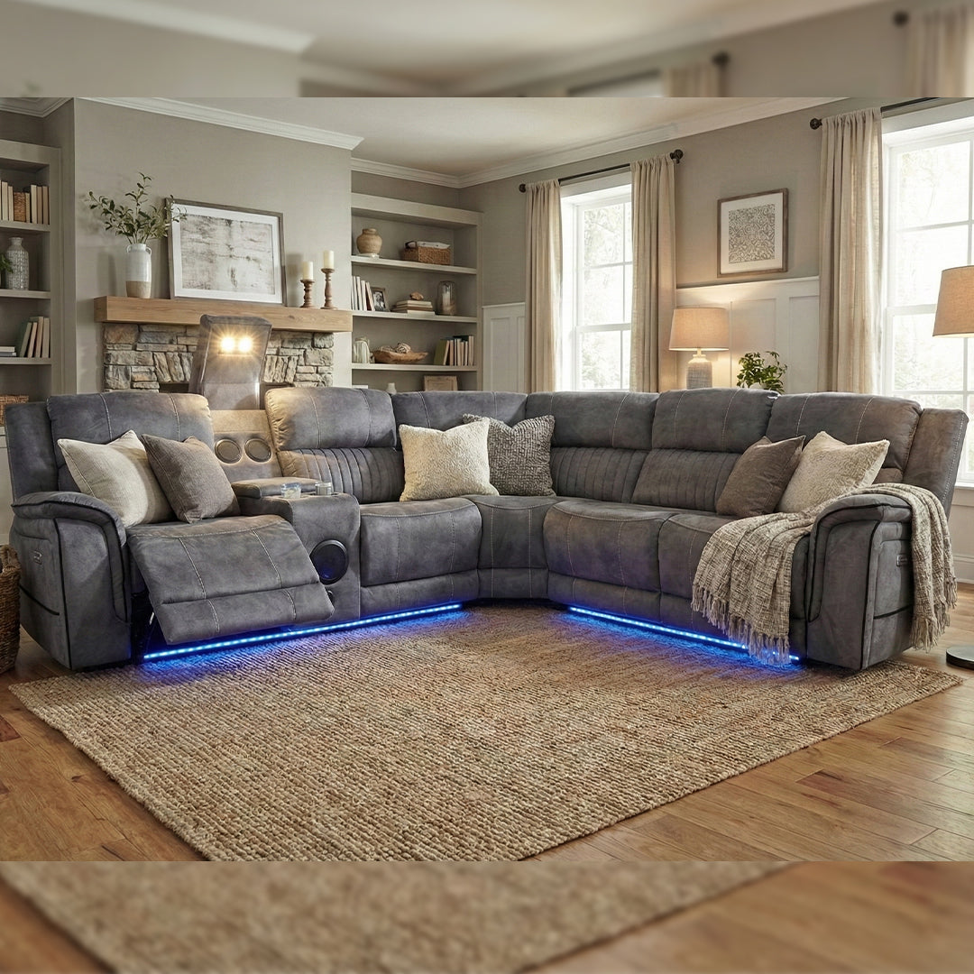 Geneva Pro Fabric Electric Recliner Corner Sofa With Cup Holders - Fabric Corner Sofa With Cooling Cup-Holders/LED Lights/Bluetooth Speakers/Wireless Charging Pad/USB Charging Ports