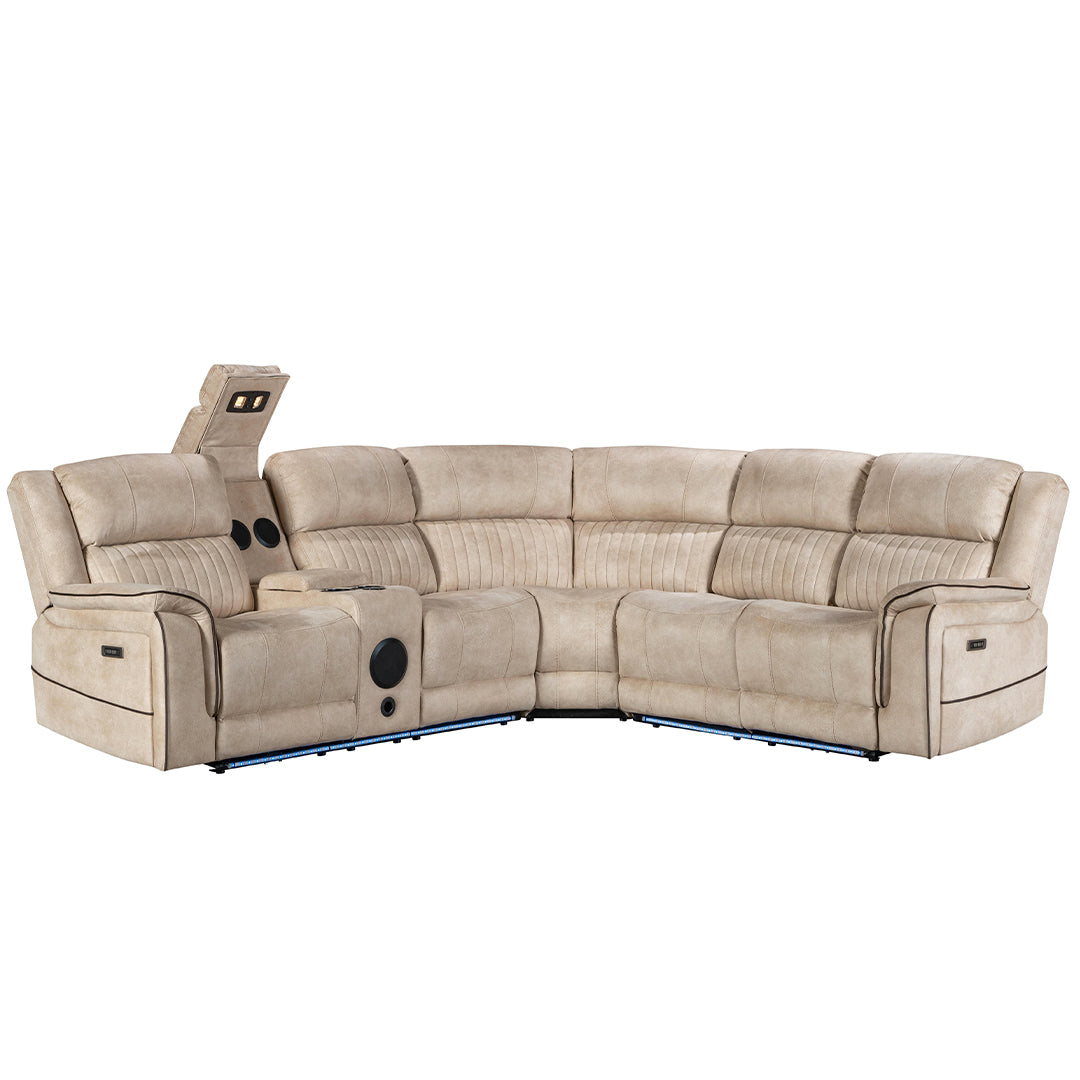 Geneva Pro Fabric Electric Recliner Corner Sofa With Cup Holders (Beige) - Fabric Corner Sofa With Cooling Cup-Holders/LED Lights/Bluetooth Speakers/Wireless Charging Pad/USB Charging Ports