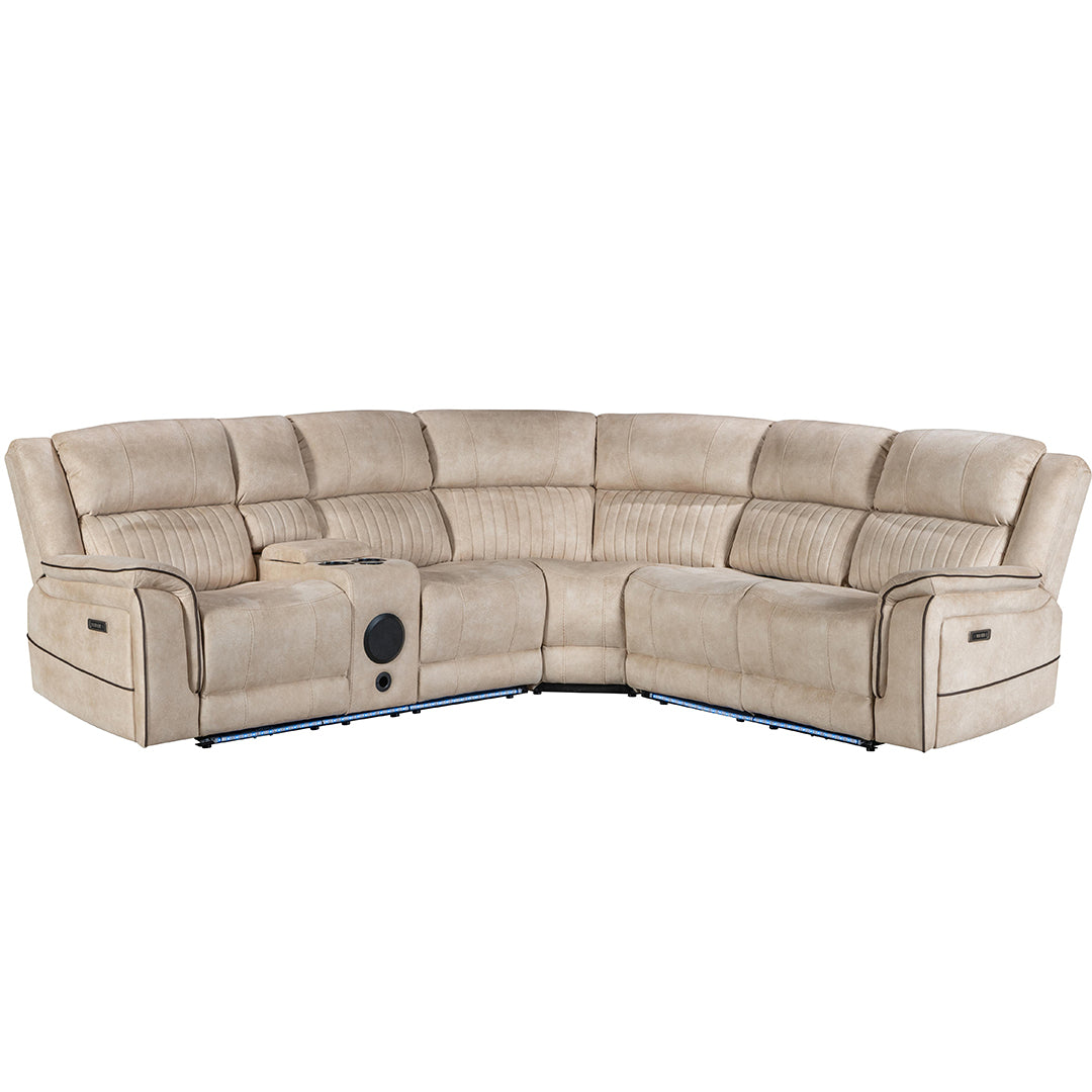 Geneva Pro Fabric Electric Recliner Corner Sofa With Cup Holders (Beige) - Fabric Corner Sofa With Cooling Cup-Holders/LED Lights/Bluetooth Speakers/Wireless Charging Pad/USB Charging Ports