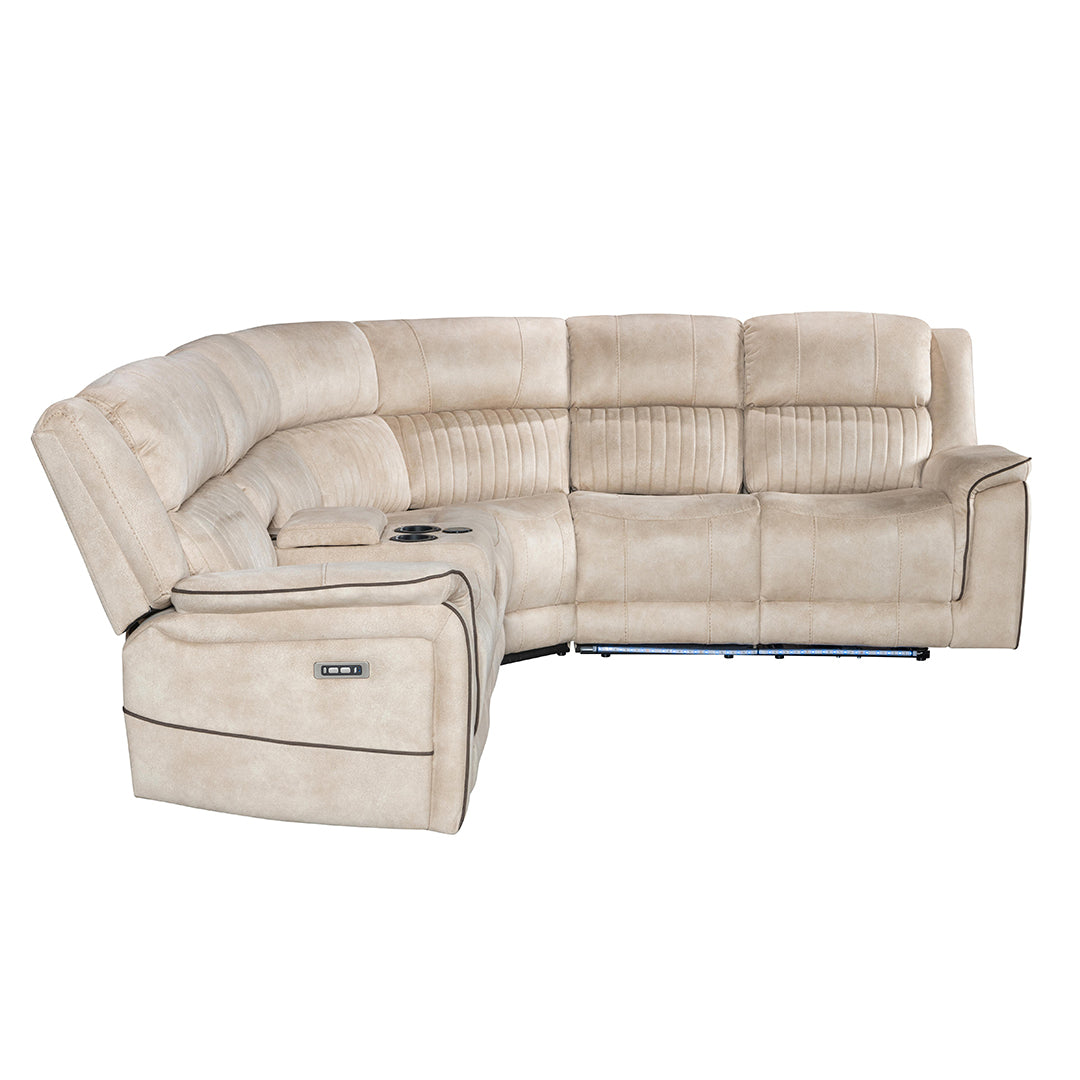 Geneva Pro Fabric Electric Recliner Corner Sofa With Cup Holders (Beige) - Fabric Corner Sofa With Cooling Cup-Holders/LED Lights/Bluetooth Speakers/Wireless Charging Pad/USB Charging Ports
