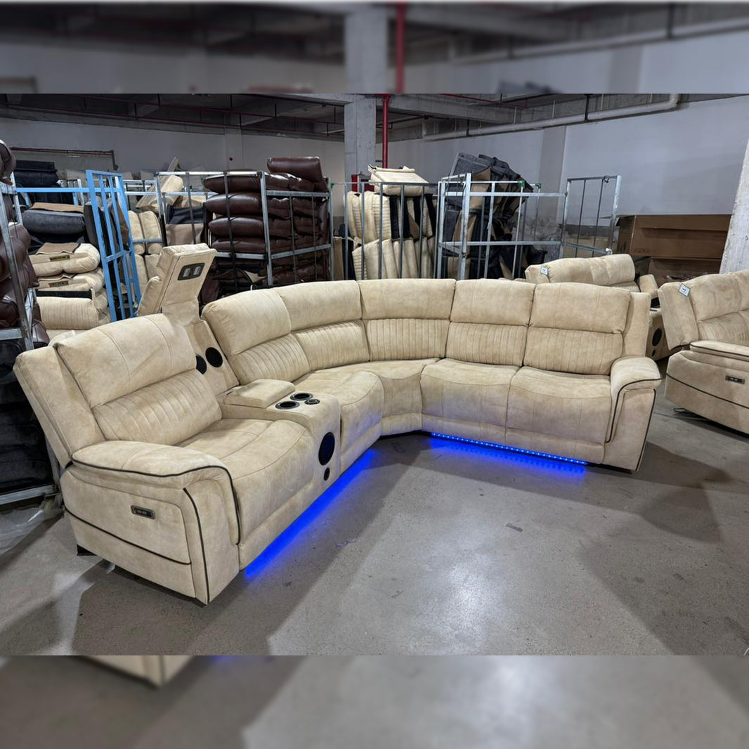 Geneva Pro Fabric Electric Recliner Corner Sofa With Cup Holders (Beige) - Fabric Corner Sofa With Cooling Cup-Holders/LED Lights/Bluetooth Speakers/Wireless Charging Pad/USB Charging Ports