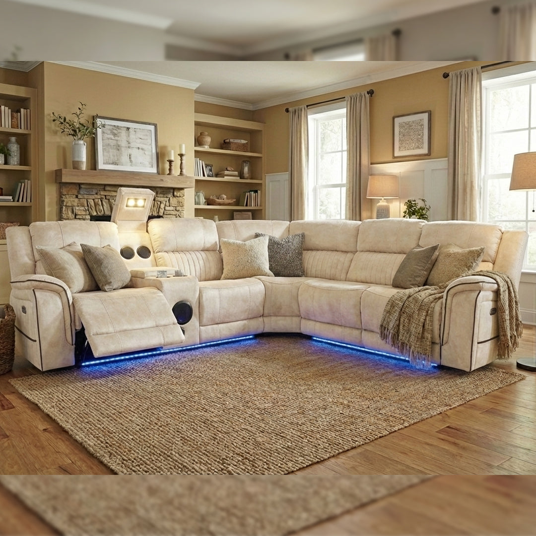 Geneva Pro Fabric Electric Recliner Corner Sofa With Cup Holders (Beige) - Fabric Corner Sofa With Cooling Cup-Holders/LED Lights/Bluetooth Speakers/Wireless Charging Pad/USB Charging Ports