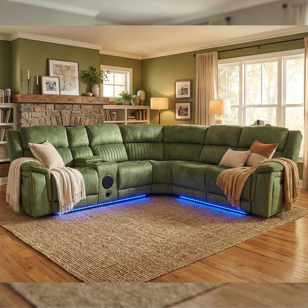 Geneva Pro Fabric Electric Recliner Corner Sofa With Cup Holders (Hulk Edition) - Fabric Corner Sofa With Cooling Cup-Holders/LED Lights/Bluetooth Speakers/Wireless Charging Pad/USB Charging Ports