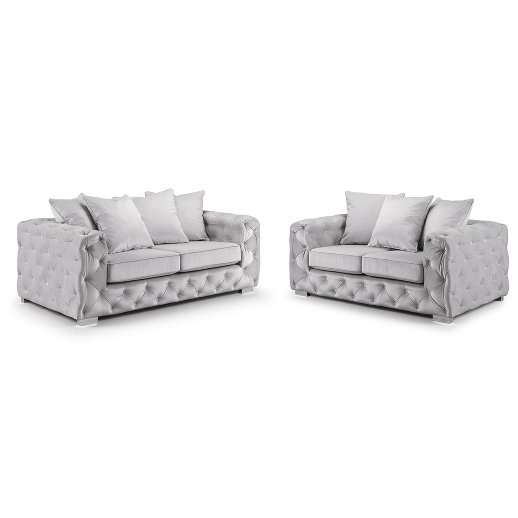 Ashton Silver Plush Fabric Chesterfield 3+2 Sofa Set