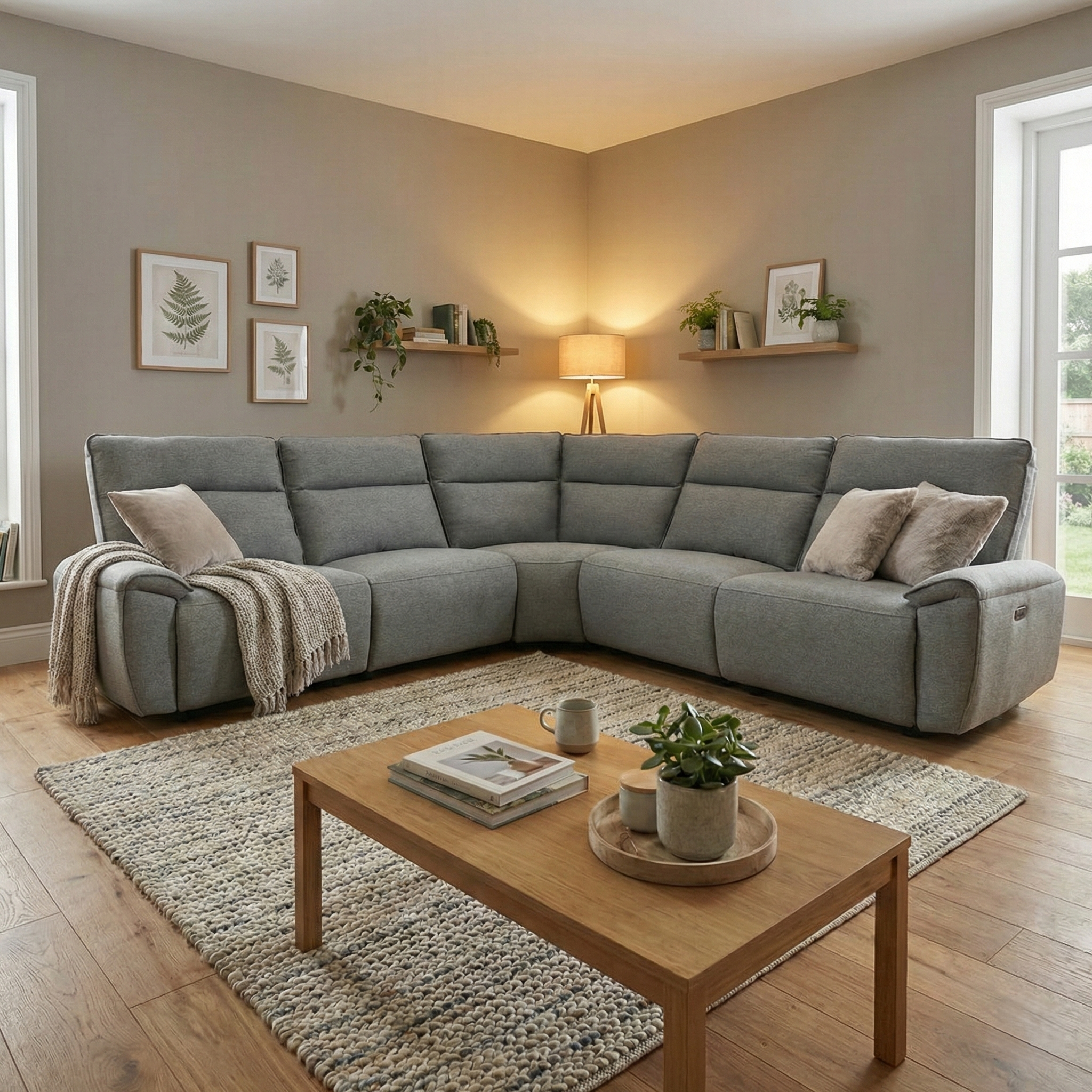 Aussie Express Fabric Recliner Corner Sofa 2 Corner 2 Power Recliner - USB Charging Ports - Type C Ports - Fabric Corner Sofa Grey