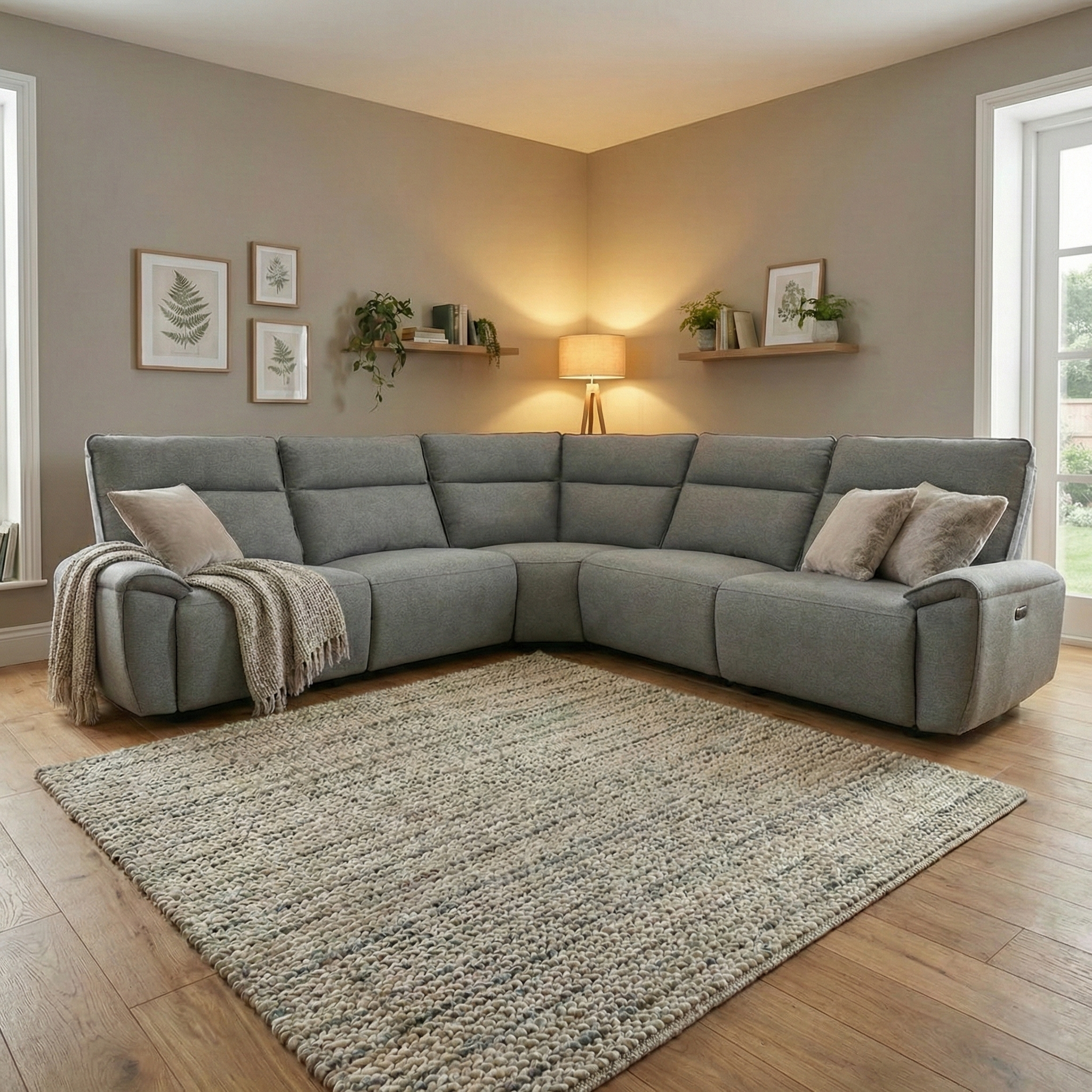 Aussie Express Fabric Recliner Corner Sofa 2 Corner 2 Power Recliner - USB Charging Ports - Type C Ports - Fabric Corner Sofa Grey