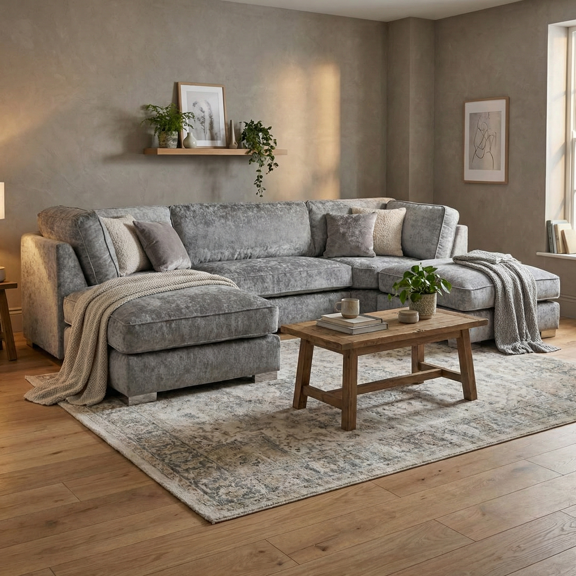  Bishop U Shape High Back Sofa Set Grey | Premium High Back Chenille Fabric Lounge Suite | Modular Sectional Couch with Footstool | Large Living Room Furniture