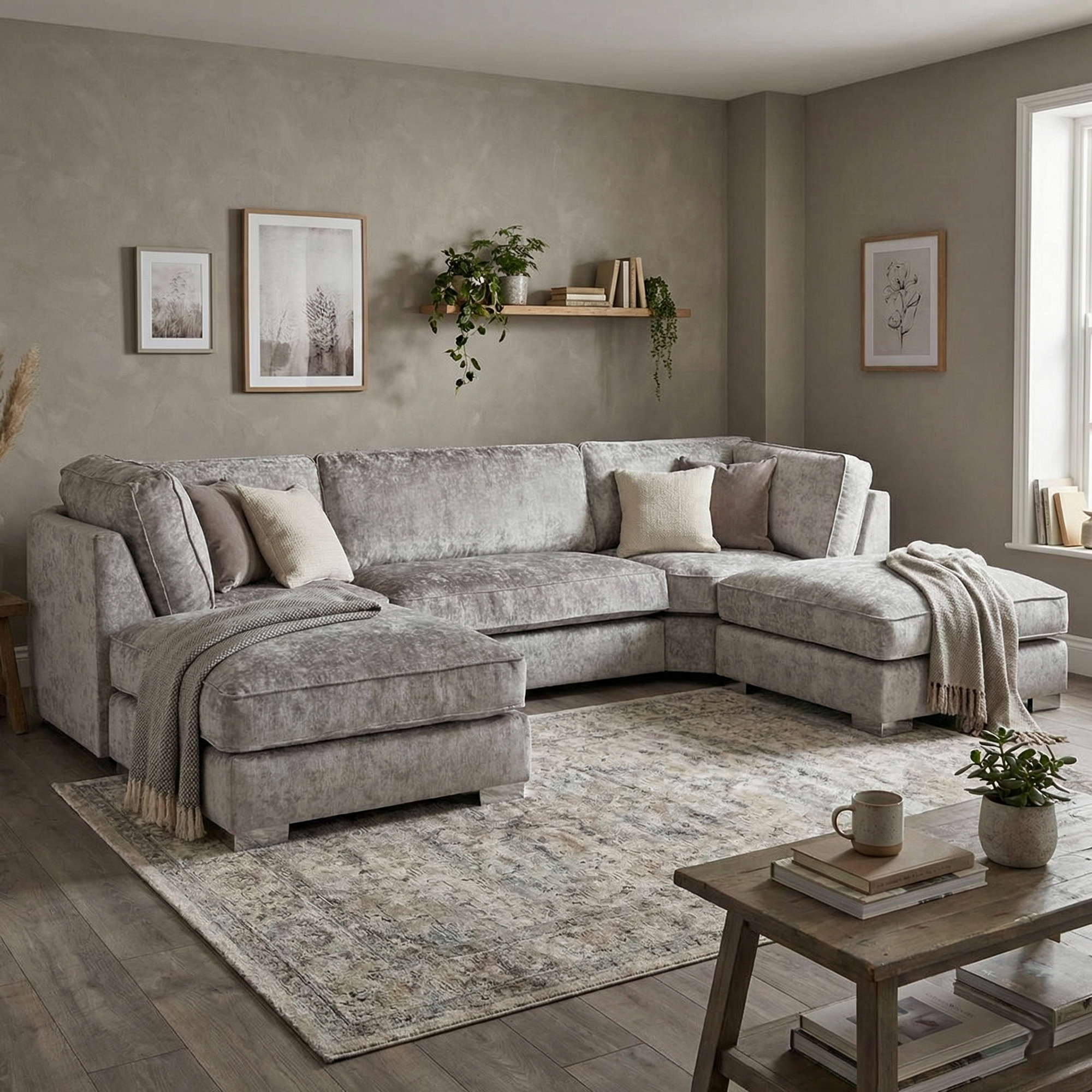 Bishop U Shape High Back Sofa Set Truffle | Premium High Back Chenille Fabric Lounge Suite | Modular Sectional Couch with Footstool | Large Living Room Furniture