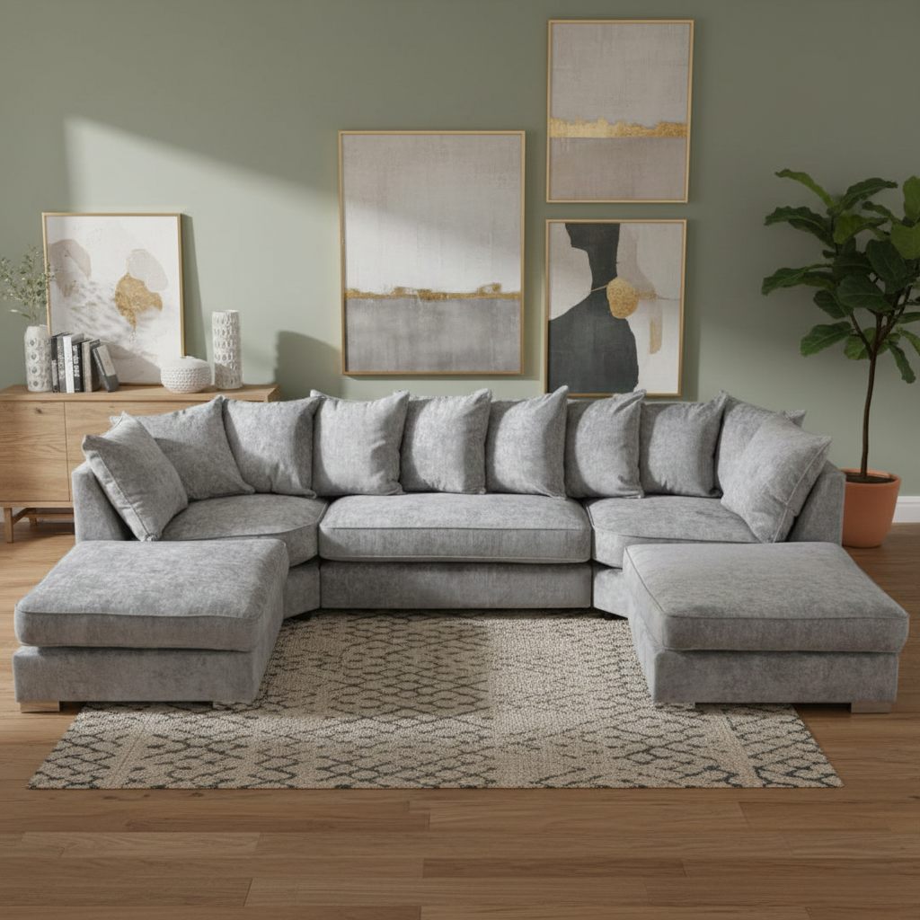 Bishop U Shape Scatter Back Sofa Set Grey | Premium Scatter Back Chenille Fabric Lounge Suite | Modular Sectional Couch with Footstool | Large Living Room Furniture