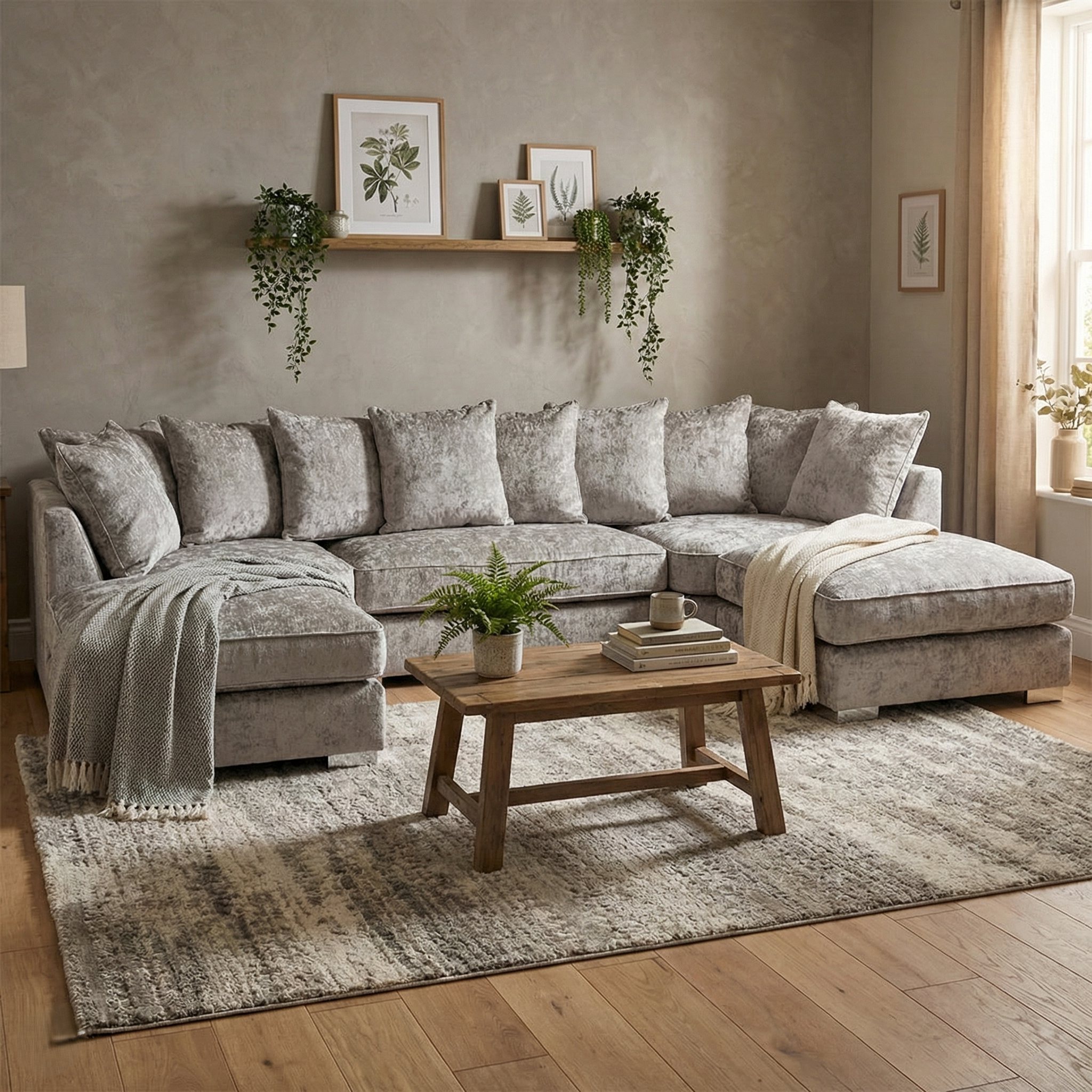 Bishop U Shape Scatter Back Sofa Set Truffle | Premium Scatter Back Chenille Fabric Lounge Suite | Modular Sectional Couch with Footstool | Large Living Room Furniture