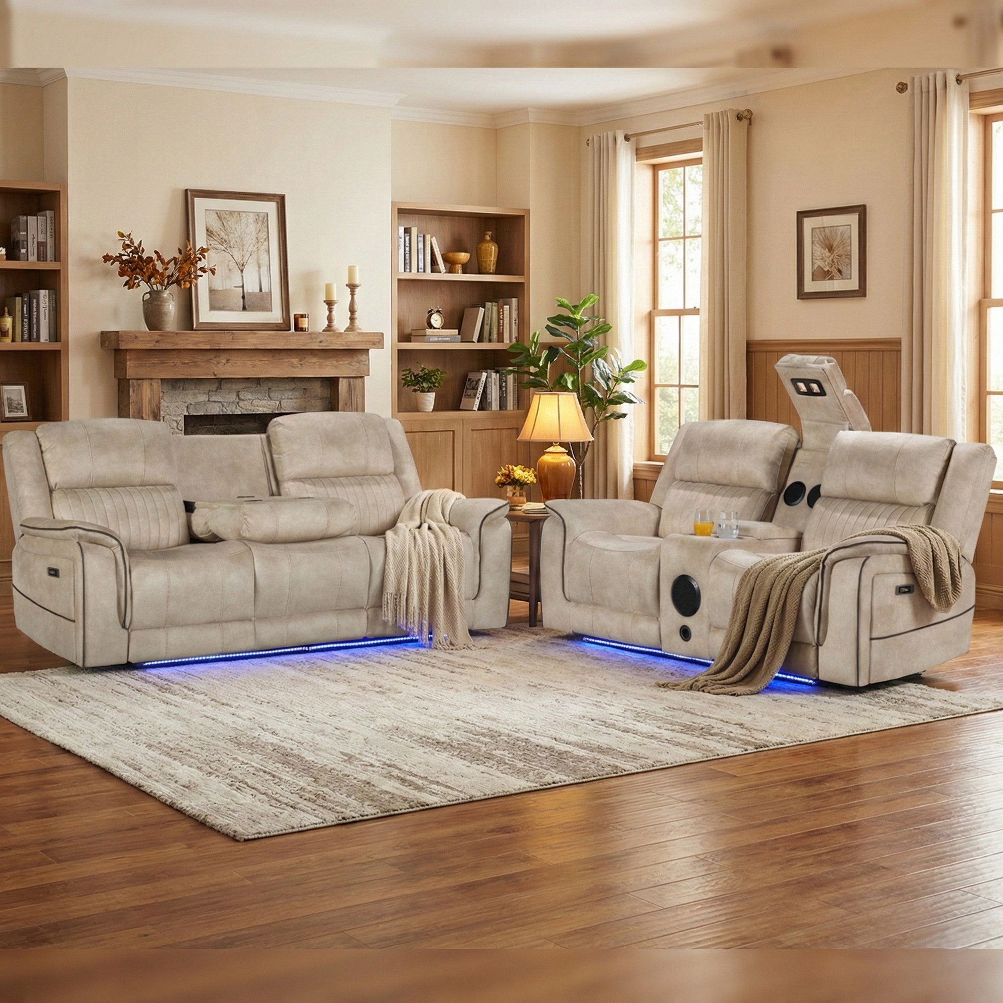 Geneva Pro Fabric Electric Recliner Sofa 3+2 Seater Set (Beige)- 3+2 Seater Sofa With Bluetooth/Cooling Cup-Holders/LED Lights/Wireless Charging/USB Charging Ports