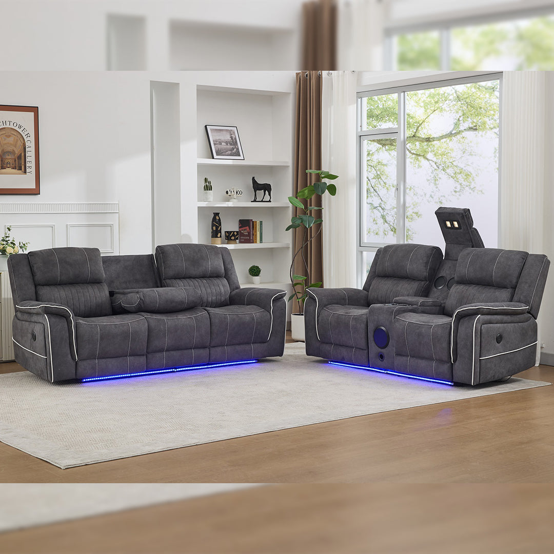 Geneva Pro Fabric Electric Recliner Sofa 3+2 Seater Set - 3+2 Seater Sofa With Bluetooth/Cooling Cup-Holders/LED Lights Island of Comfort Ltd