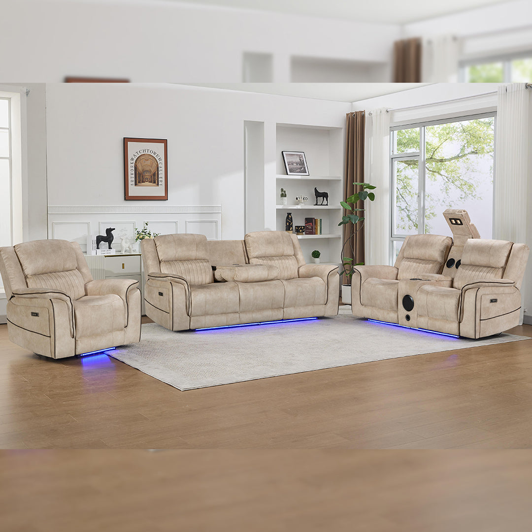 Geneva Pro Fabric Electric Recliner Sofa 3+2 Seater Set (Beige)- 3+2 Seater Sofa With Bluetooth/Cooling Cup-Holders/LED Lights/Wireless Charging/USB Charging Ports