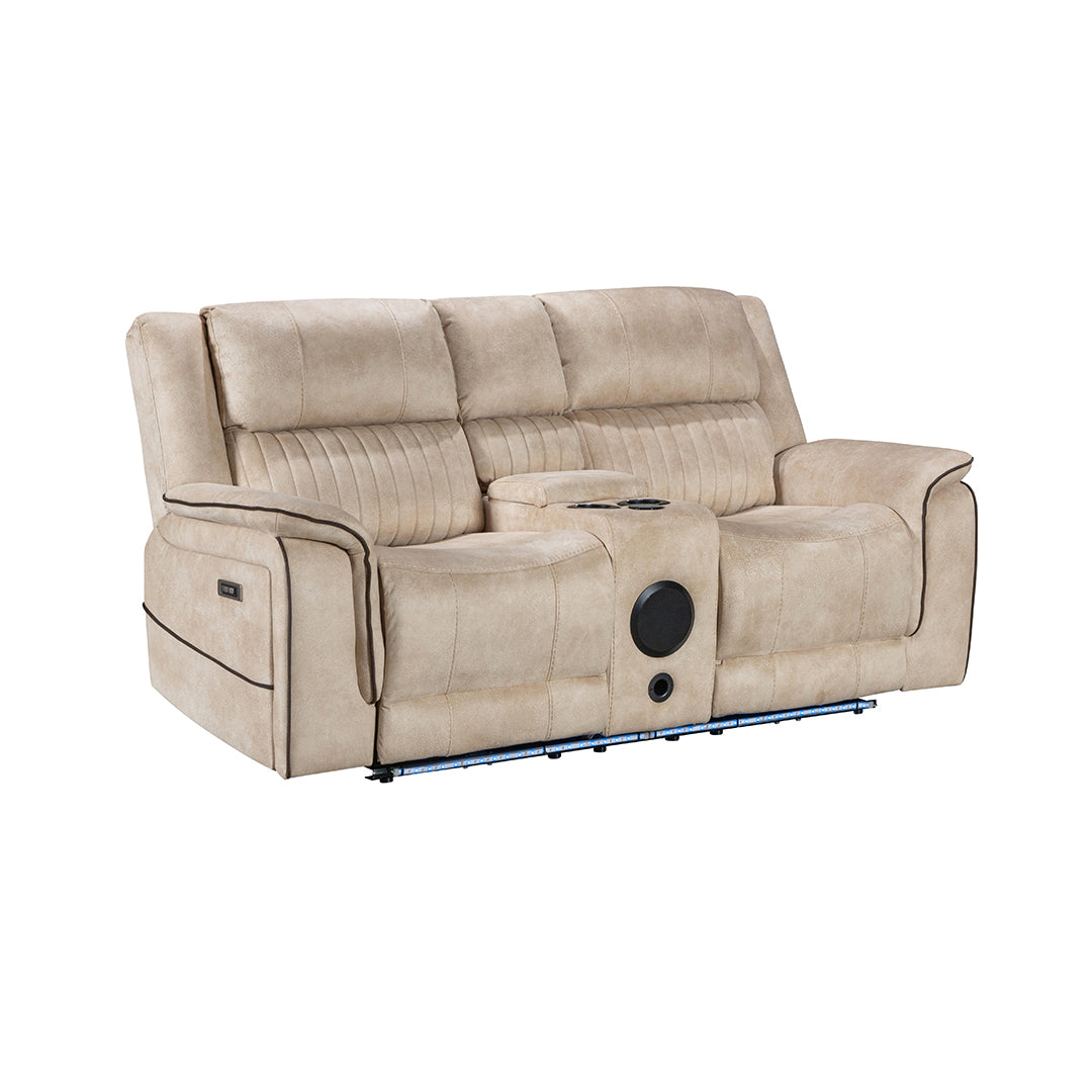 Geneva Pro Fabric Electric Recliner Sofa 3+2 Seater Set (Beige)- 3+2 Seater Sofa With Bluetooth/Cooling Cup-Holders/LED Lights/Wireless Charging/USB Charging Ports