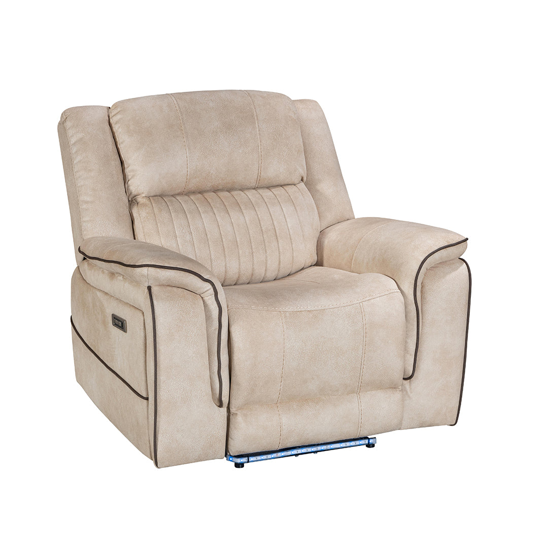 Geneva Pro Fabric Electric Recliner Sofa 3+2 Seater Set (Beige)- 3+2 Seater Sofa With Bluetooth/Cooling Cup-Holders/LED Lights/Wireless Charging/USB Charging Ports