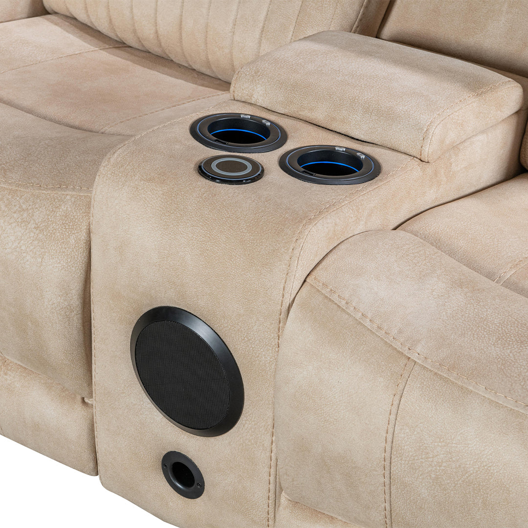 Geneva Pro Fabric Electric Recliner Sofa 3+2 Seater Set (Beige)- 3+2 Seater Sofa With Bluetooth/Cooling Cup-Holders/LED Lights/Wireless Charging/USB Charging Ports