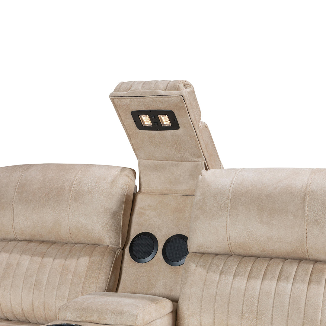 Geneva Pro Fabric Electric Recliner Sofa 3+2 Seater Set (Beige)- 3+2 Seater Sofa With Bluetooth/Cooling Cup-Holders/LED Lights/Wireless Charging/USB Charging Ports