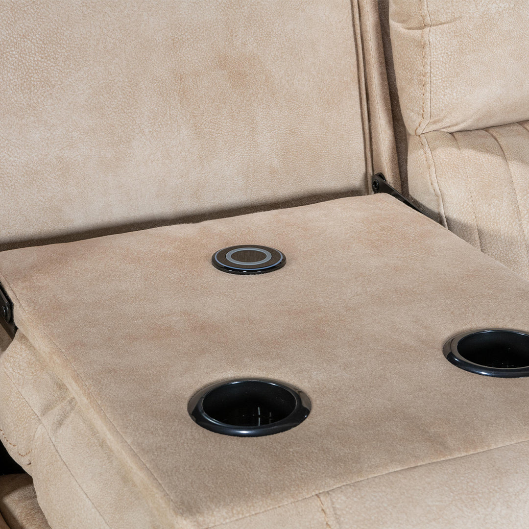 Geneva Pro Fabric Electric Recliner Sofa 3+2 Seater Set (Beige)- 3+2 Seater Sofa With Bluetooth/Cooling Cup-Holders/LED Lights/Wireless Charging/USB Charging Ports