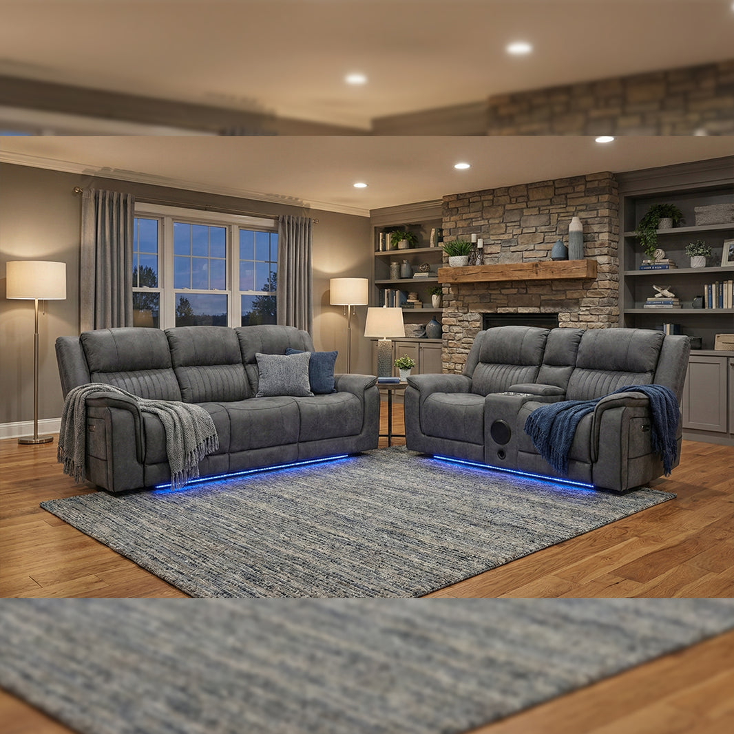 Geneva Pro Fabric Electric Recliner Sofa 3+2 Seater Set - 3+2 Seater Sofa With Bluetooth/Cooling Cup-Holders/LED Lights/Wireless Charging/USB Charging Ports