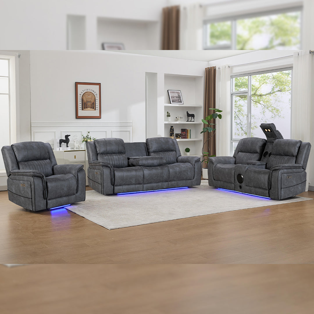 Geneva Pro Fabric Electric Recliner Sofa 3+2 Seater Set - 3+2 Seater Sofa With Bluetooth/Cooling Cup-Holders/LED Lights/Wireless Charging/USB Charging Ports