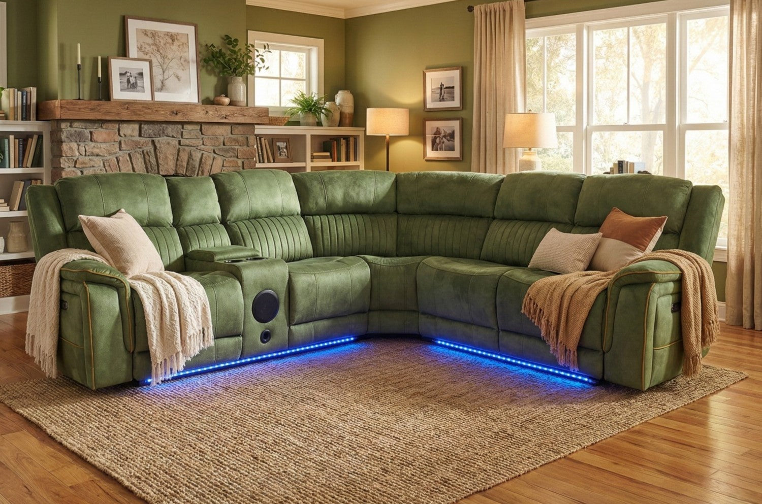 Geneva Pro Fabric Electric Recliner Corner Sofa With Cup Holders (Hulk Edition) - Fabric Corner Sofa With Cooling Cup-Holders/LED Lights/Bluetooth Speakers/Wireless Charging Pad/USB Charging Ports