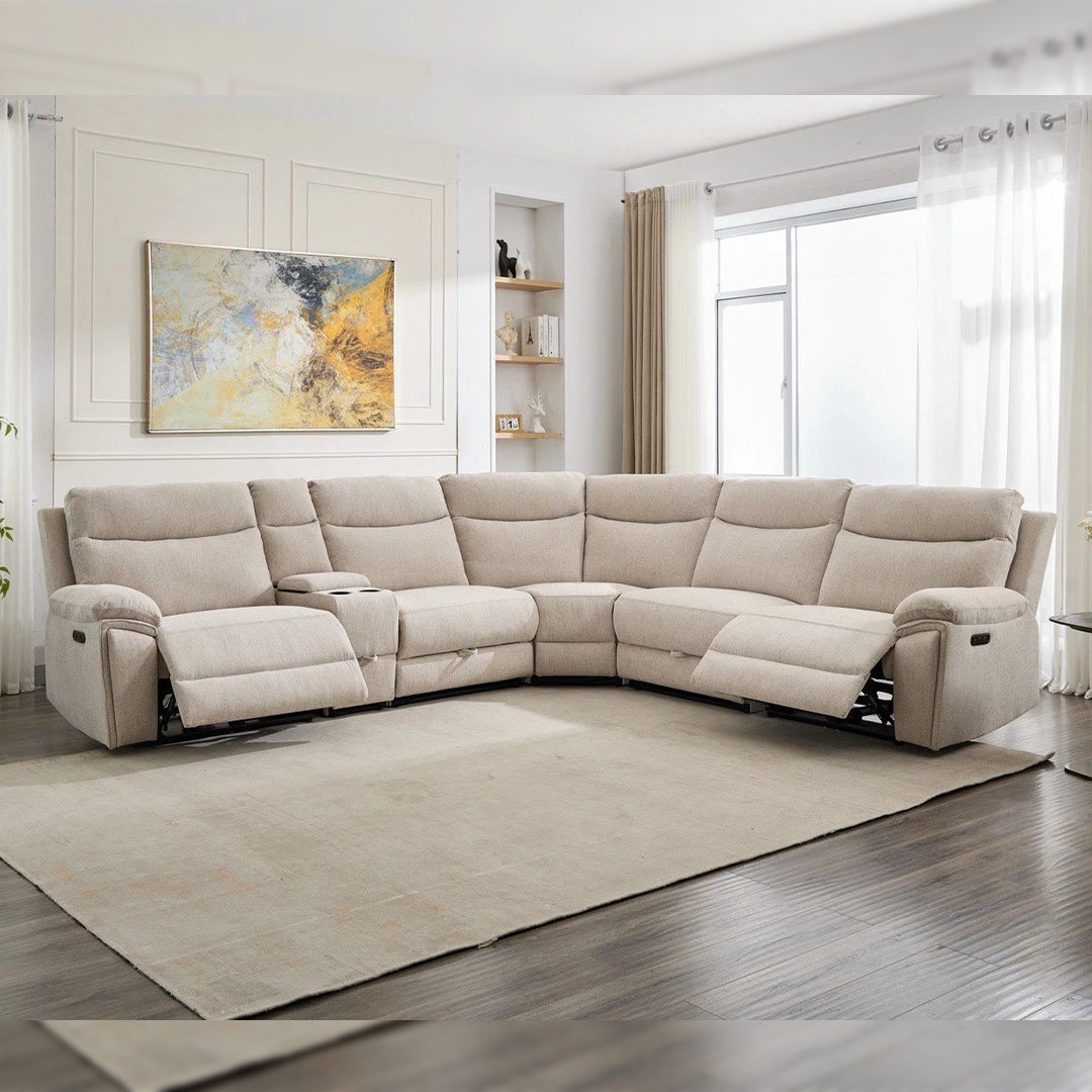 Hercules Express Fabric Electric Recliner Modular Corner Sofa With Cup Holders (Cream) - USB Charging Ports - Power Recliner Sofa - Storage Box
