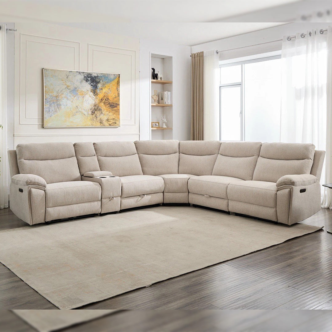 Hercules Express Fabric Electric Recliner Modular Corner Sofa With Cup Holders (Cream) - USB Charging Ports - Power Recliner Sofa - Storage Box