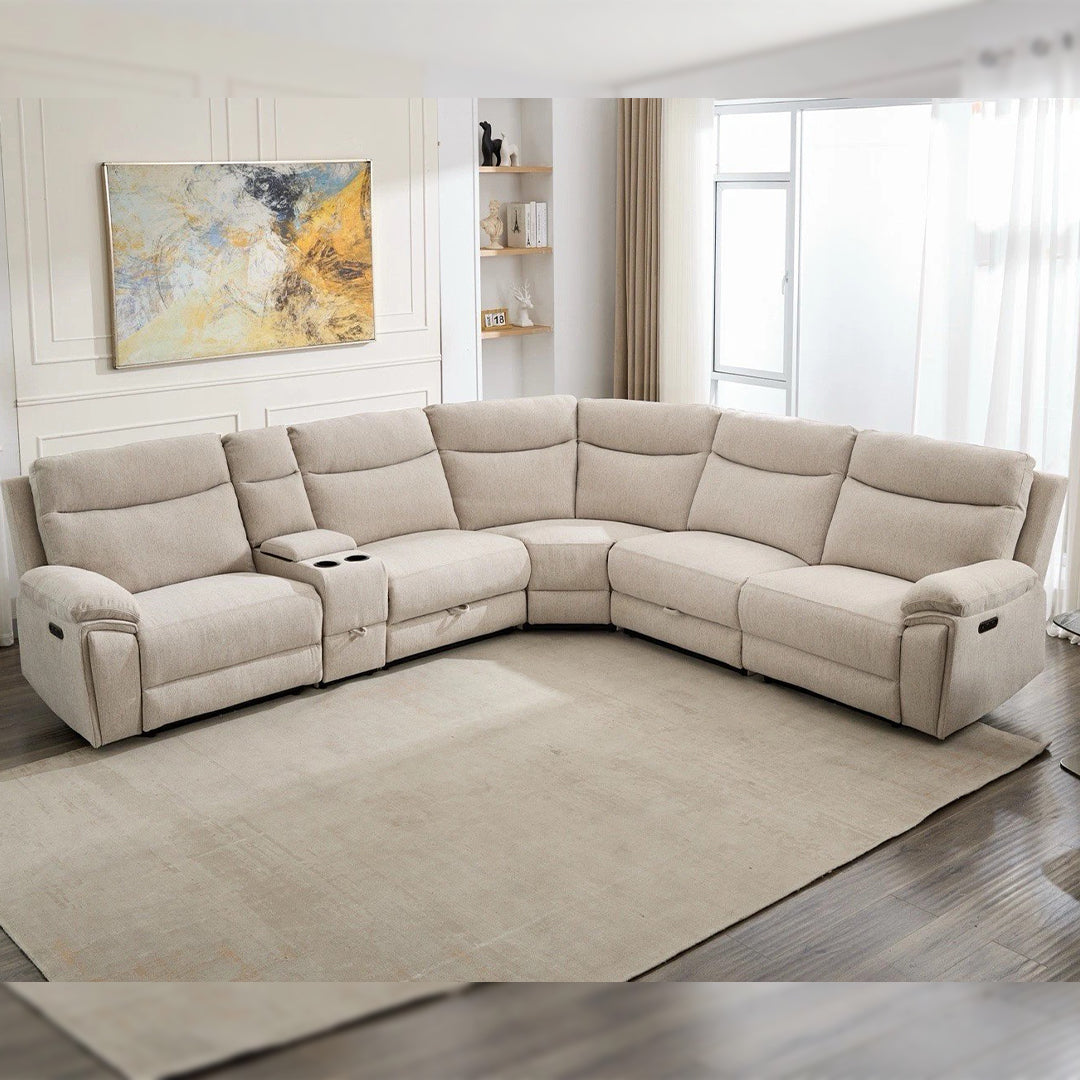 Hercules Express Fabric Electric Recliner Modular Corner Sofa With Cup Holders (Cream) - USB Charging Ports - Power Recliner Sofa - Storage Box