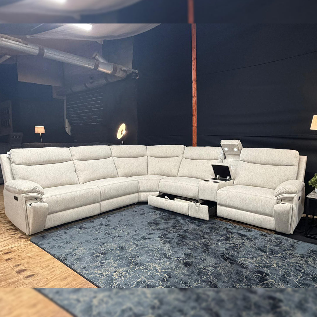 Hercules Express Fabric Electric Recliner Modular Corner Sofa With Cup Holders (Cream) - USB Charging Ports - Power Recliner Sofa - Storage Box