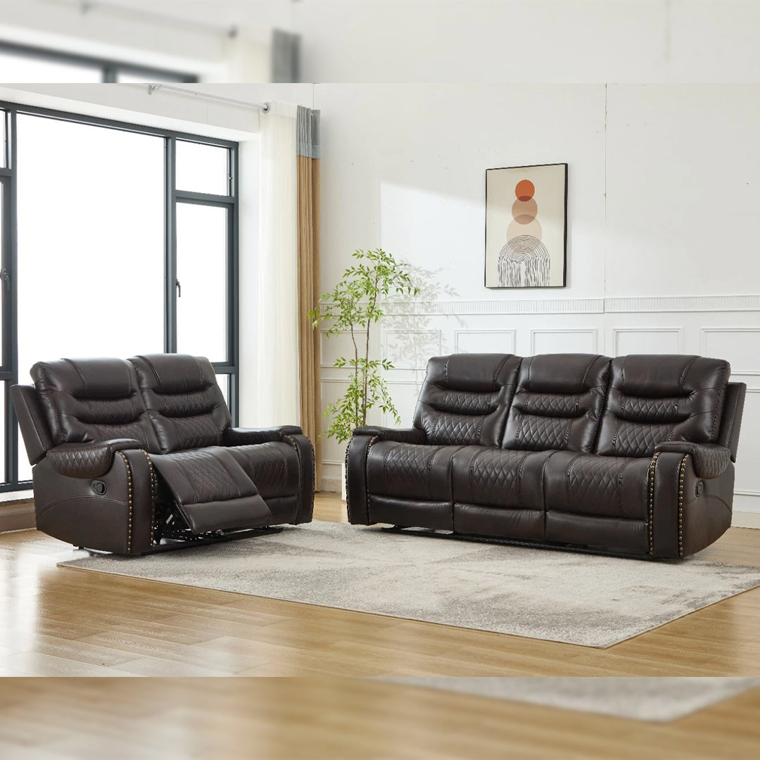 Nora Leather Recliner Sofa 3+2 Seater Set Brown - 3 and 2 Seater Manual Recliner Couch - Leather Sofa