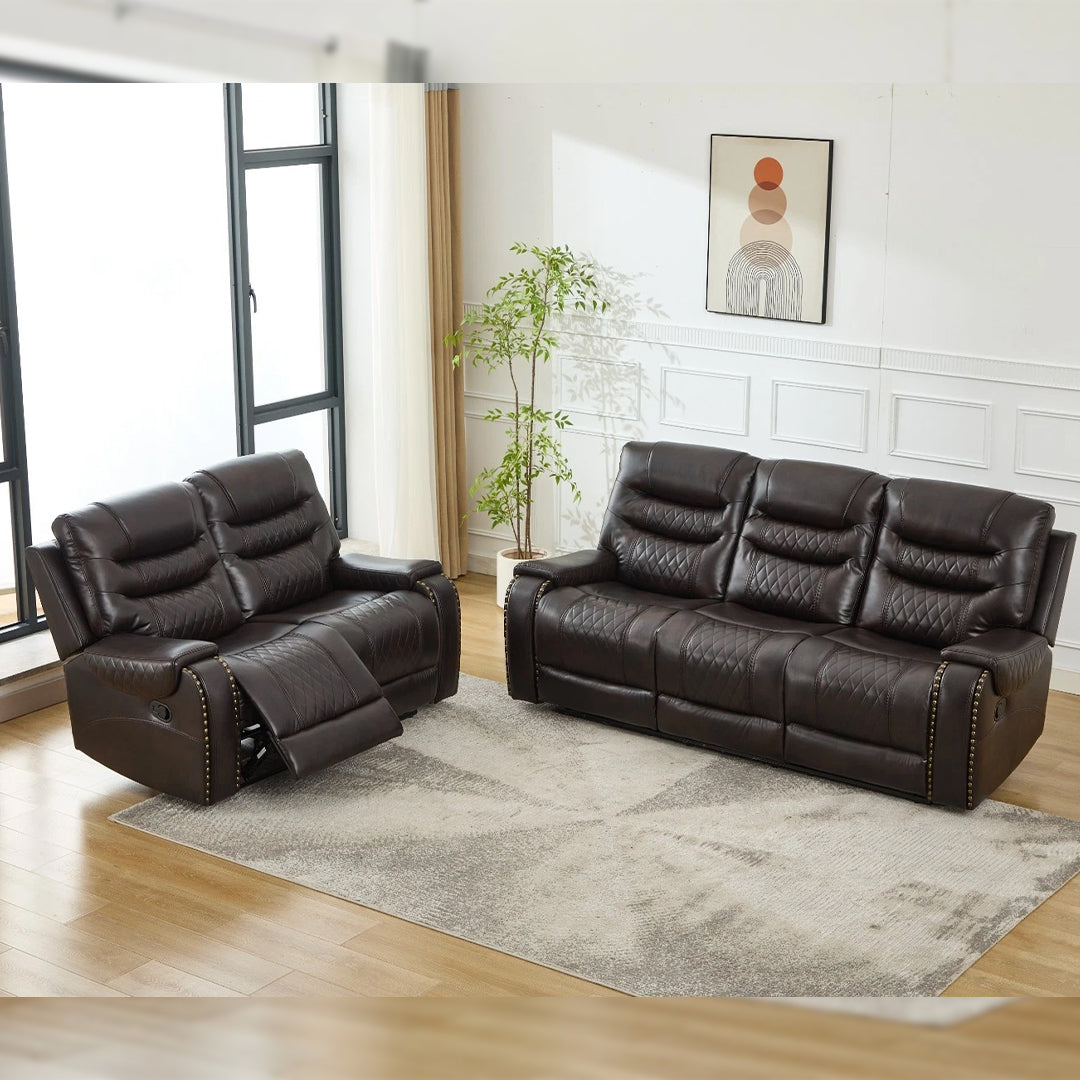 Nora Leather Recliner Sofa 3+2 Seater Set Brown - 3 and 2 Seater Manual Recliner Couch - Leather Sofa