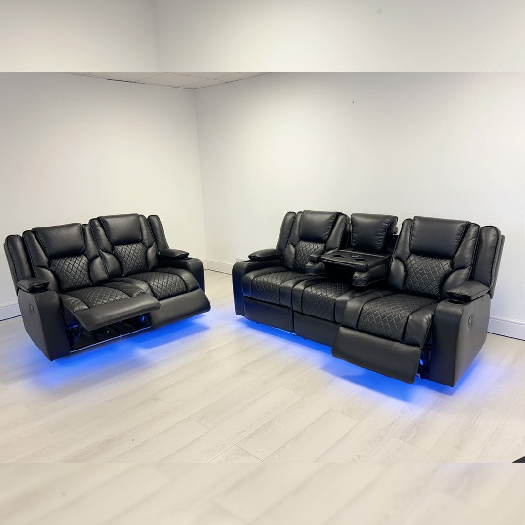 Orlando Leather Electric Recliners Sofa With Cupholders - 3+2 Seater Sofa/LED Lights/Wireless Charging/USB Charging Ports/Storage