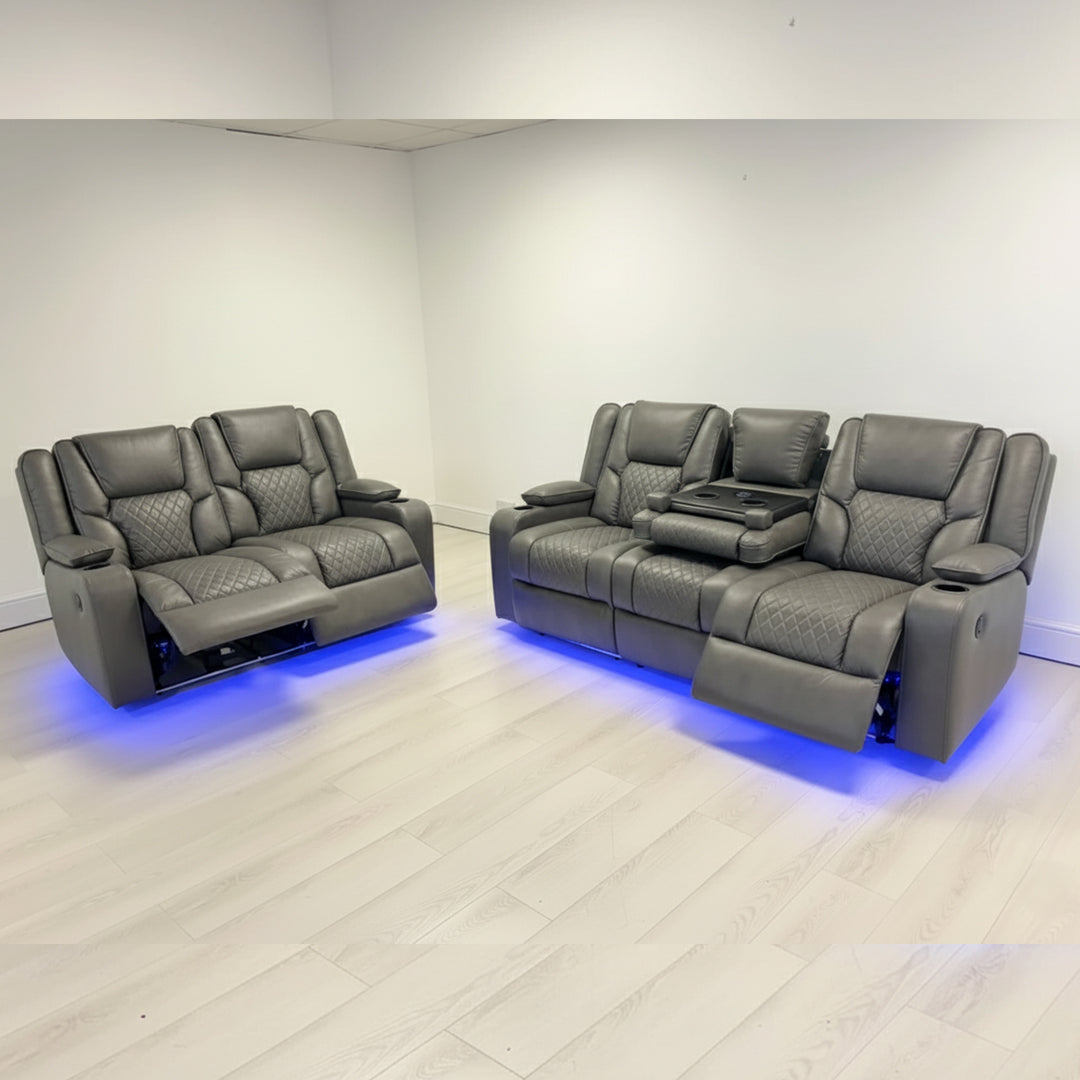 Orlando Leather Electric Recliners Sofa With Cupholders - 3+2 Seater Sofa/LED Lights/Wireless Charging/USB Charging Ports/Storage