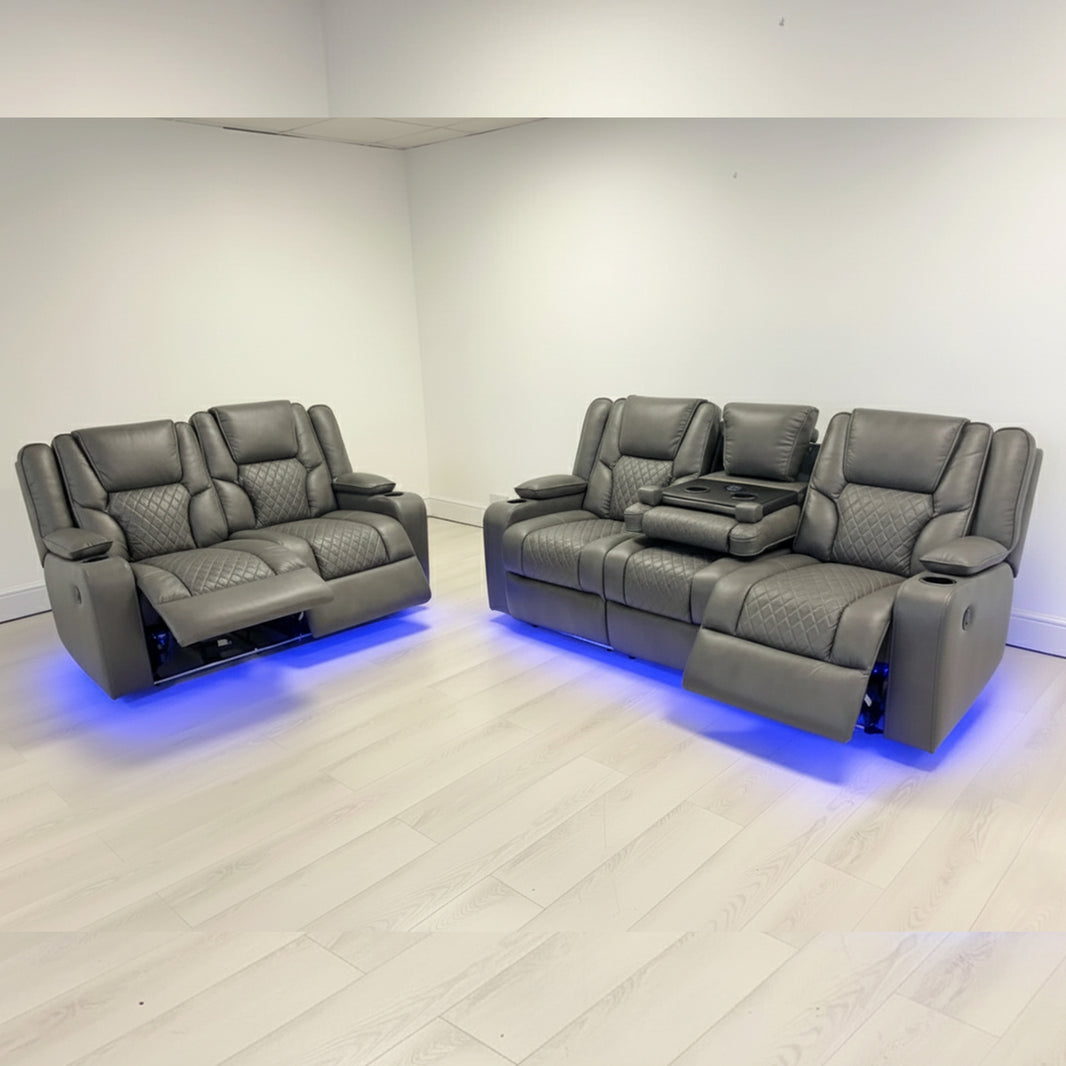Orlando Leather Electric Recliners Sofa With Cupholders - 3+2 Seater Sofa/LED Lights/Wireless Charging/USB Charging Ports/Storage