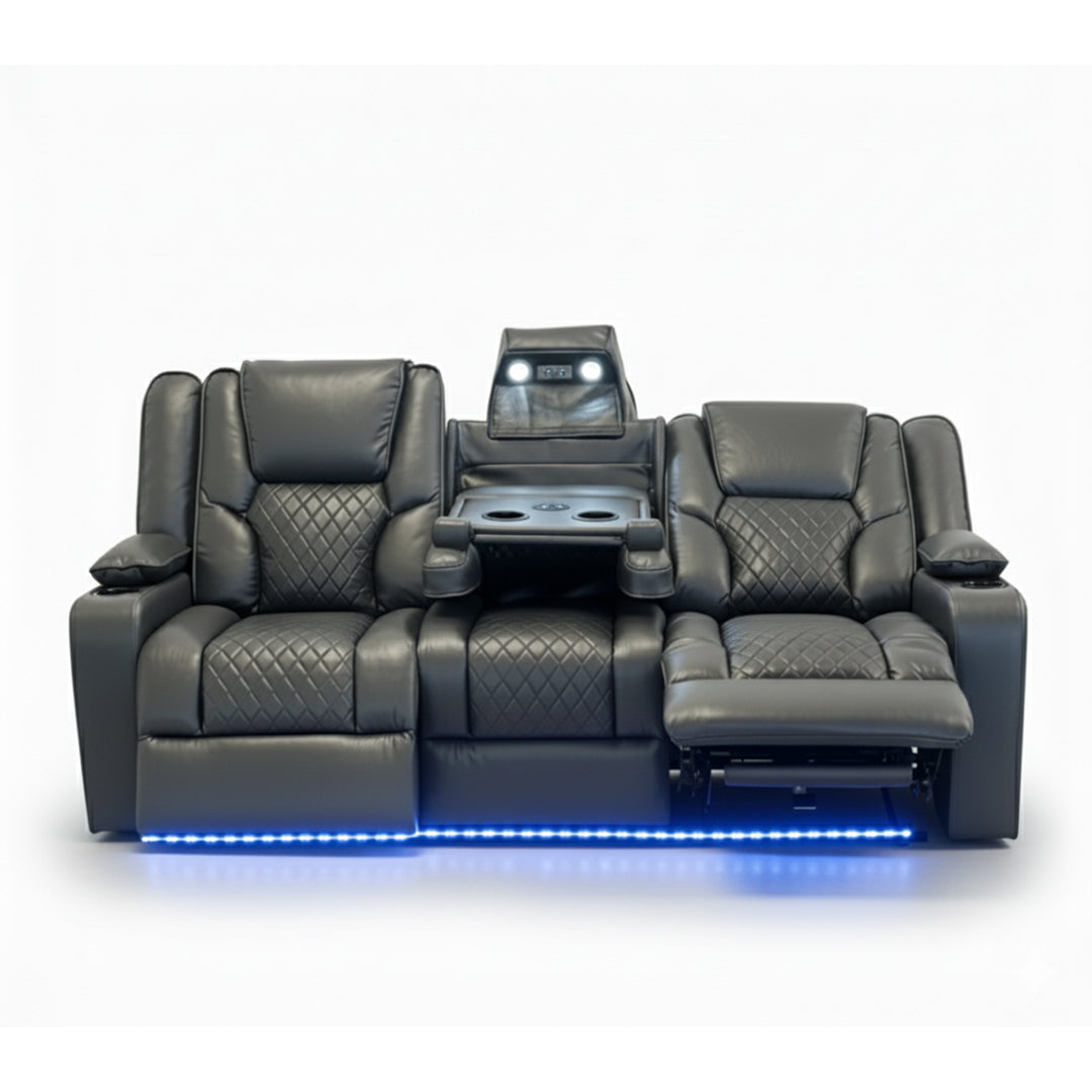 Orlando Leather Electric Recliners Sofa With Cupholders - 3+2 Seater Sofa/LED Lights/Wireless Charging/USB Charging Ports/Storage