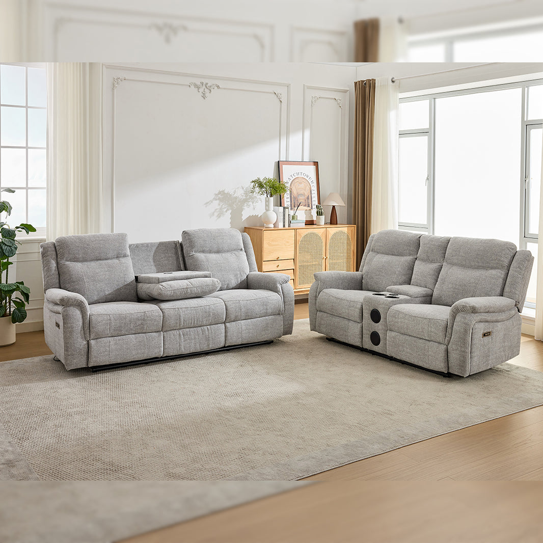 Siyara Fabric Electric Recliners Sofa With Cupholders (Grey/Beige)- 3+2 Seater Sofa Cooling Cup-Holders/Bluetooth Speakers/Wireless Charging/Type-C Ports/USB Charging Ports/Storage