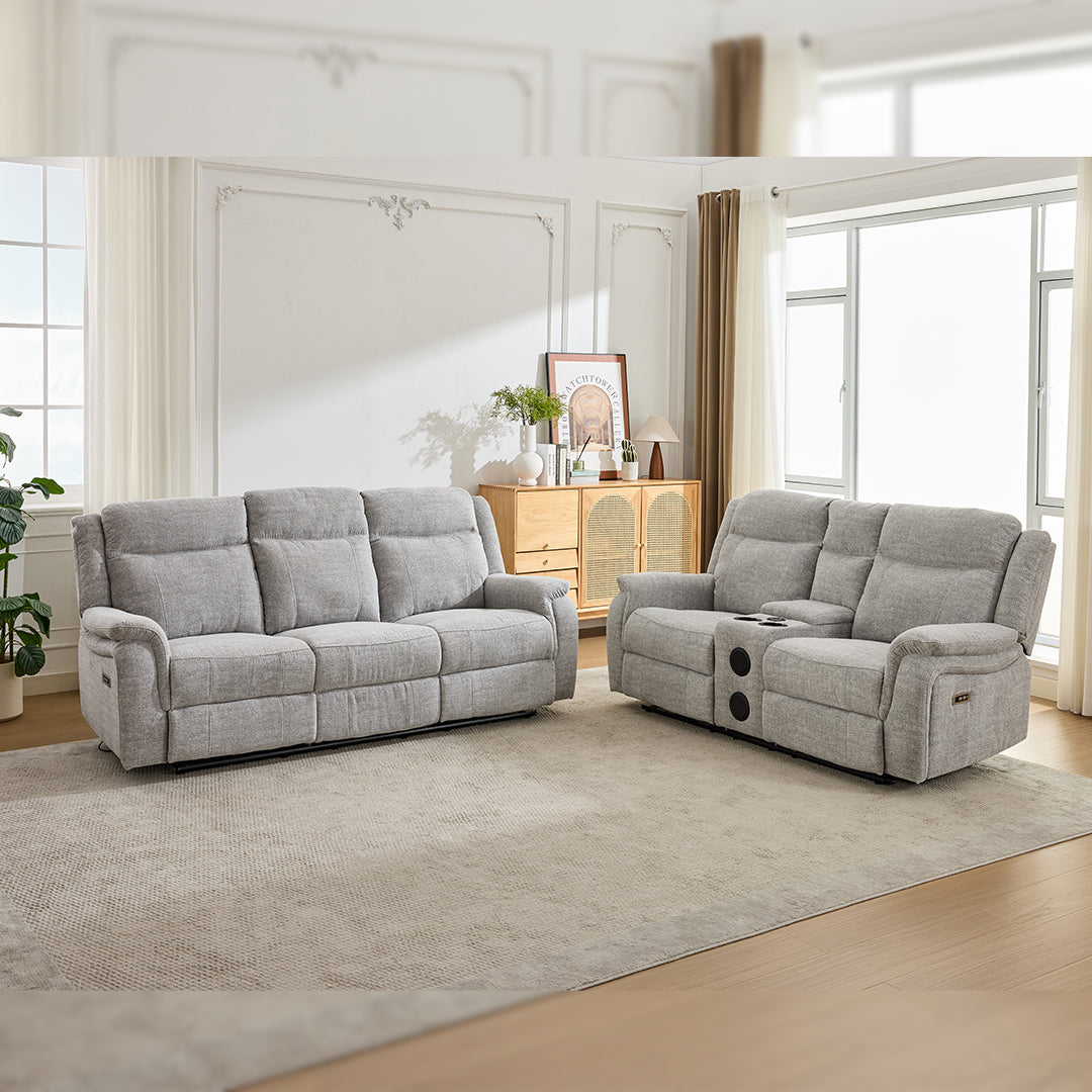 Siyara Fabric Electric Recliners Sofa With Cupholders (Grey/Beige)- 3+2 Seater Sofa Cooling Cup-Holders/Bluetooth Speakers/Wireless Charging/Type-C Ports/USB Charging Ports/Storage