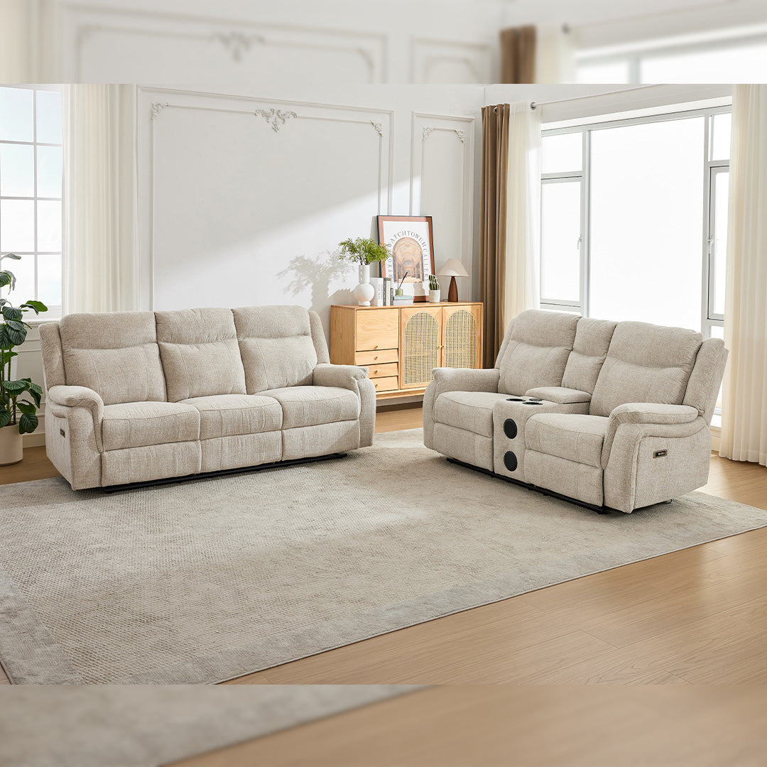 Siyara Fabric Electric Recliners Sofa With Cupholders (Grey/Beige)- 3+2 Seater Sofa Cooling Cup-Holders/Bluetooth Speakers/Wireless Charging/Type-C Ports/USB Charging Ports/Storage