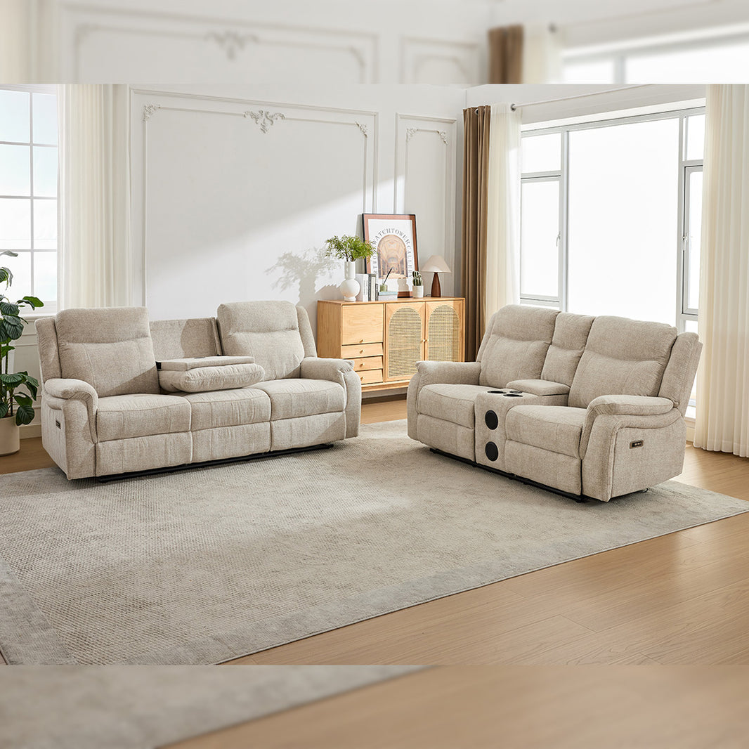 Siyara Fabric Electric Recliners Sofa With Cupholders (Grey/Beige)- 3+2 Seater Sofa Cooling Cup-Holders/Bluetooth Speakers/Wireless Charging/Type-C Ports/USB Charging Ports/Storage