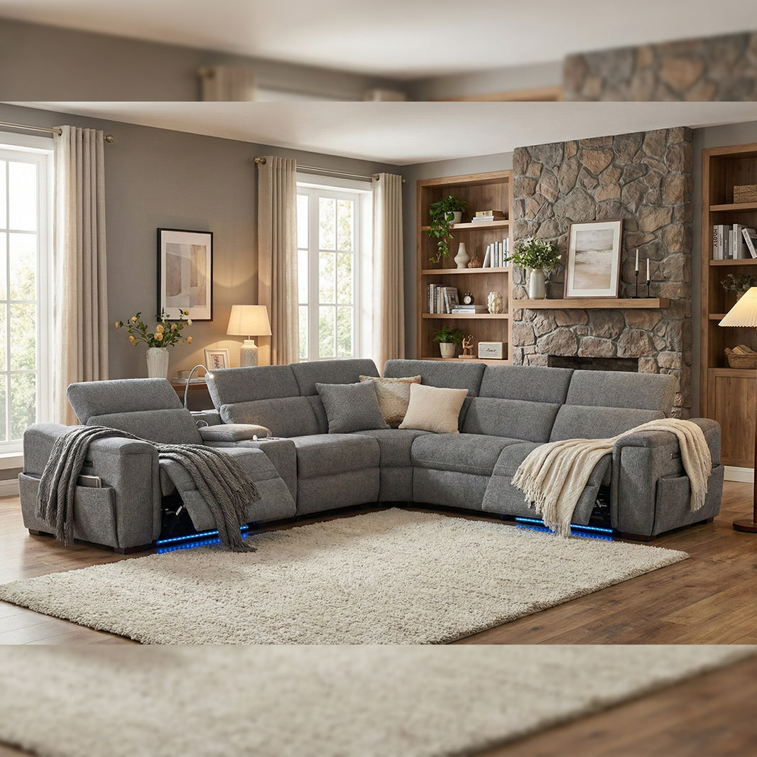 Tannous Fabric Electric Recliner Corner Sofa With Cupholders Grey - Bluetooth Speakers - Wireless Charging Pad - LED Lights - USB Charging Ports - Type C Charging Ports - Storage Box - Lamp Light