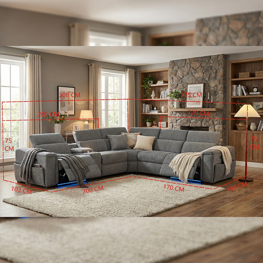 Tannous Fabric Electric Recliner Corner Sofa With Cupholders Grey - Bluetooth Speakers - Wireless Charging Pad - LED Lights - USB Charging Ports - Type C Charging Ports - Storage Box - Lamp Light