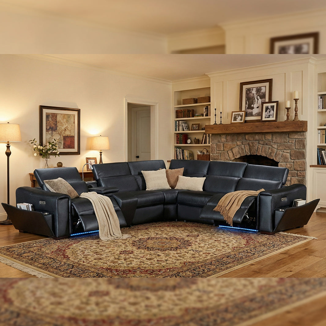 Tannous Leather Electric Recliner Corner Sofa With Cupholders Black - Bluetooth Speakers - Wireless Charging Pad - LED Lights - USB Charging Ports - Type C Charging Ports - Storage Box - Lamp Light