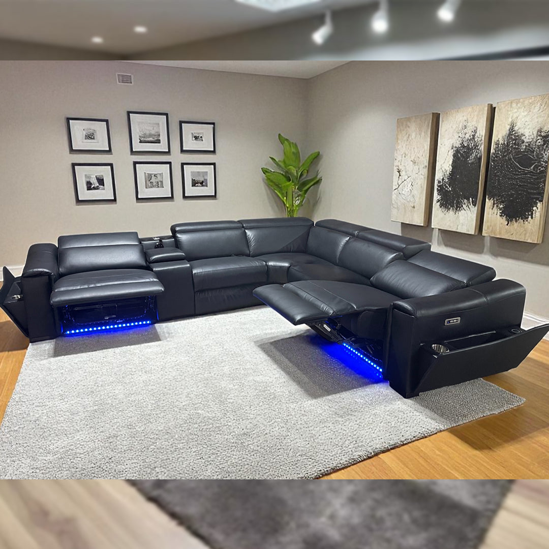 Tannous Leather Electric Recliner Corner Sofa With Cupholders Black - Bluetooth Speakers - Wireless Charging Pad - LED Lights - USB Charging Ports - Type C Charging Ports - Storage Box - Lamp Light