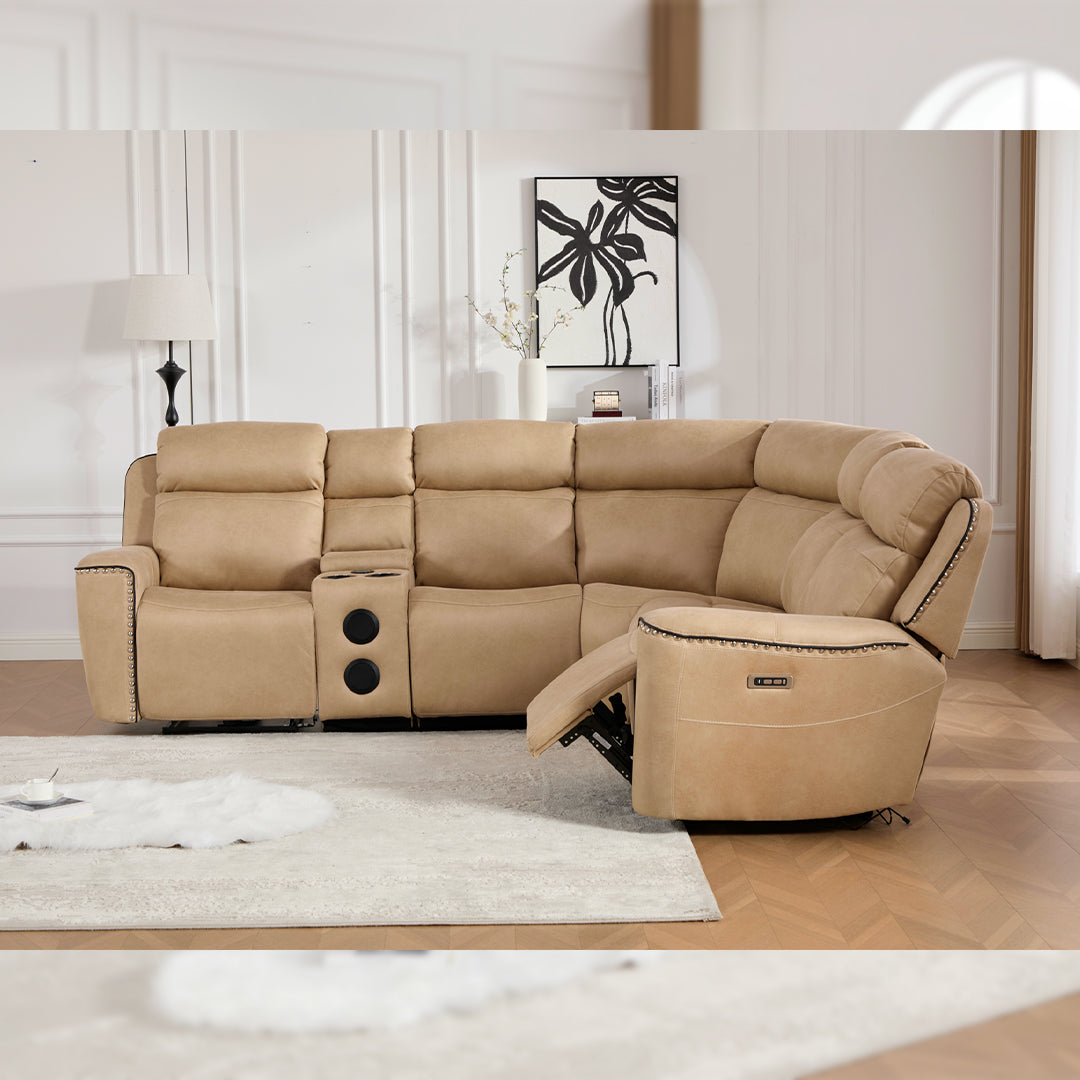 Hugo Fabric Electric Recliner Corner Sofa With Cup Holders - Modular (Left and Right Hand) Preimum Range Quality Corner Sofa With Cooling-Cup Holders/Bluetooth Speakers/Wireless Charging Pad/USB Charging